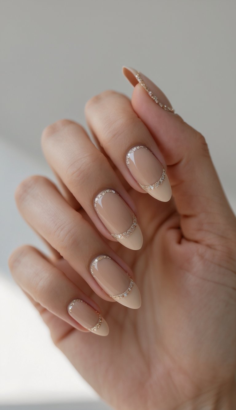 Close-up of one hand showing beige French tip nails with a glitter line on a white background.