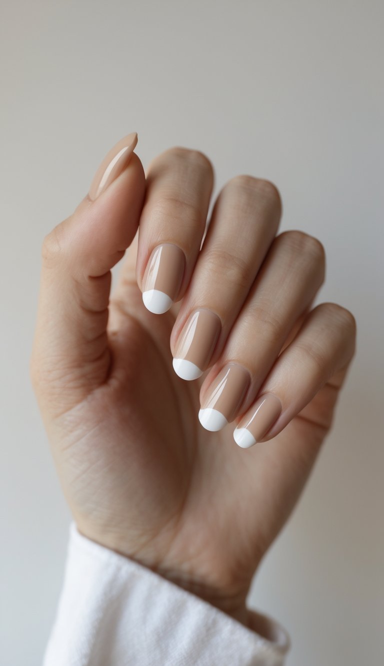 Close-up of one hand with beige nails featuring white half-moon designs on a white background.