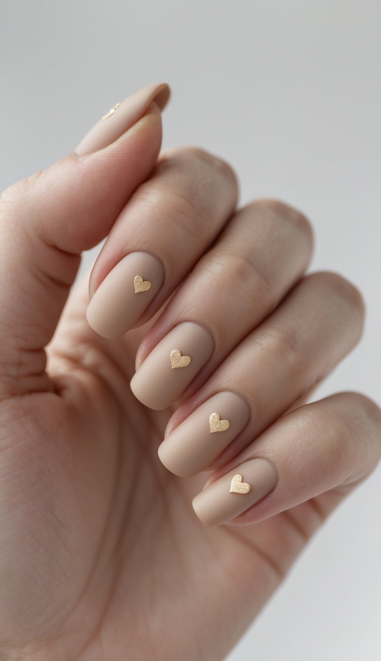 Close-up of one hand showing manicured nails with matte beige polish and small gold heart designs on a white background.