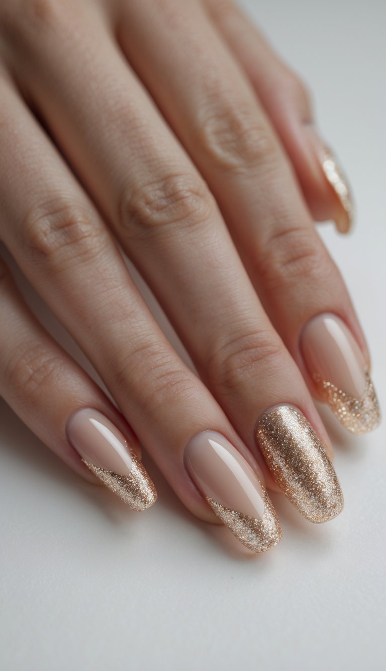 Close-up of one hand showing manicured nails with glittery champagne tips against a white background.