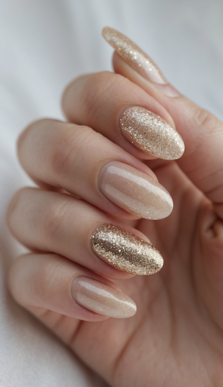 Close-up of one hand with nails painted in a soft champagne glitter gradient against a white background.
