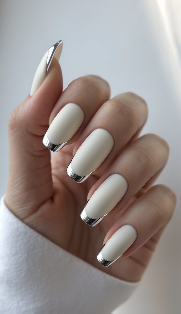 Close-up of one hand with matte ivory nails and chrome tips against a white background.
