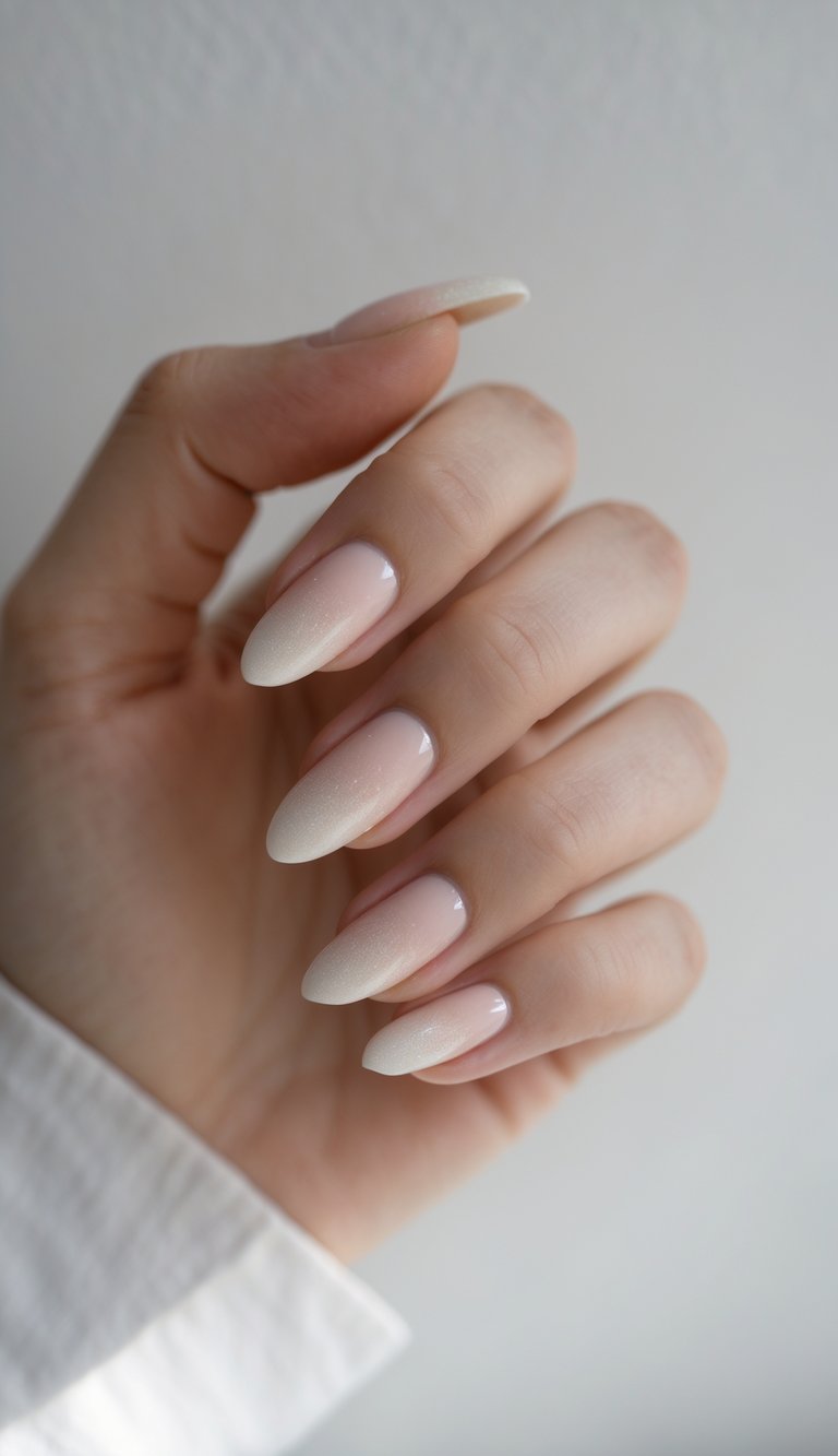 Close-up of one hand showing ivory nails with a subtle shimmer gradient on a white background.