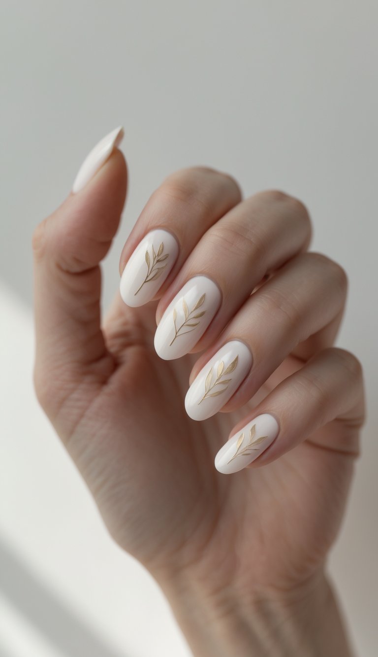Close-up of one hand with ivory-colored nails decorated with fine leaf patterns against a white background.