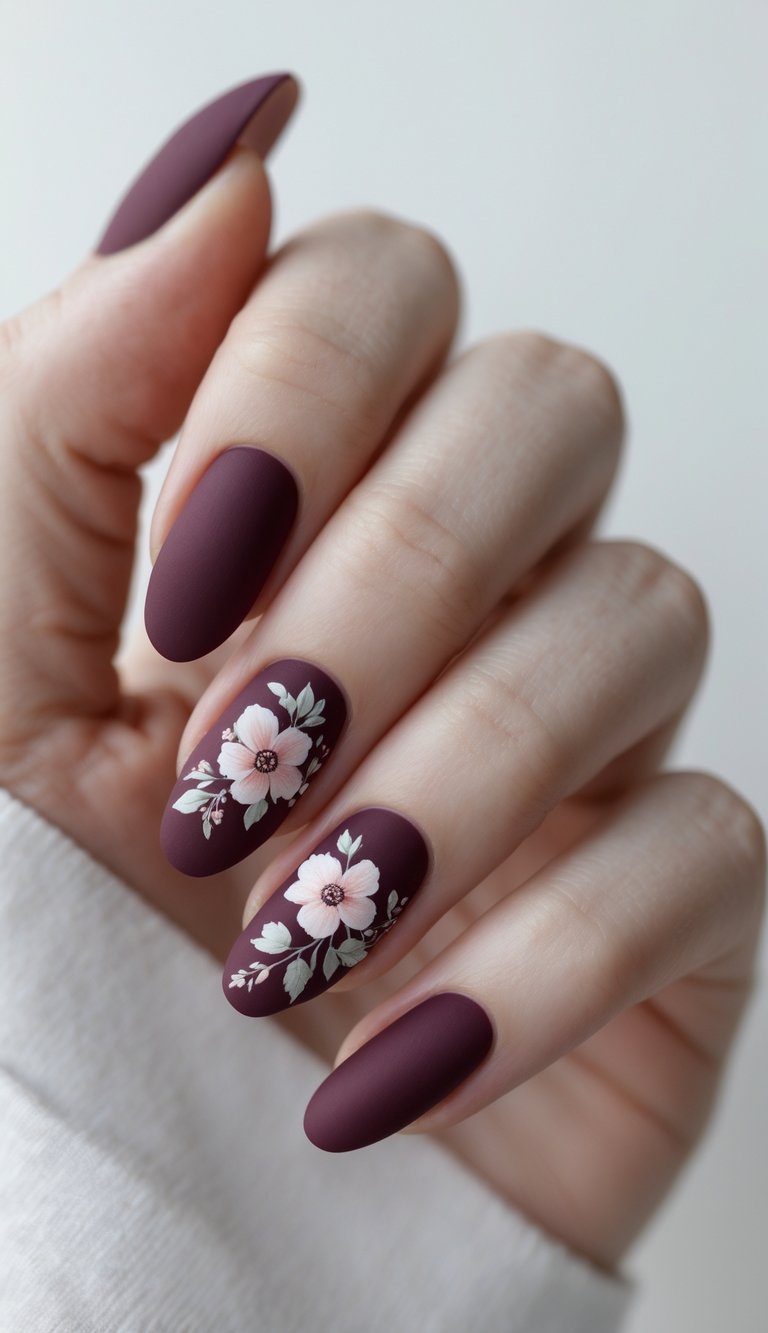 Close-up of one hand with burgundy matte nails decorated with detailed floral designs against a plain white background.