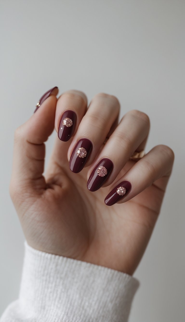 Close-up of one hand with wine red nails decorated with glitter polka dots on a white background.
