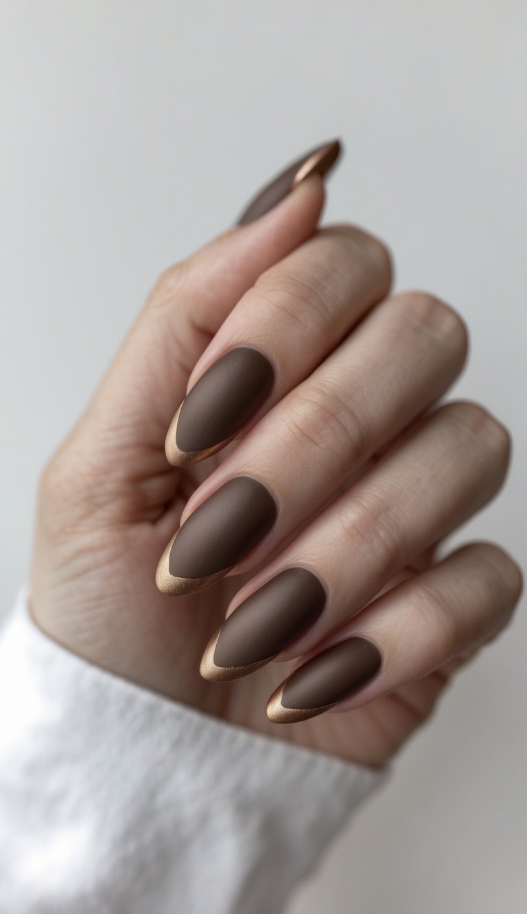 Close-up of one hand showing nails with bronze French tips and a matte finish against a white background.