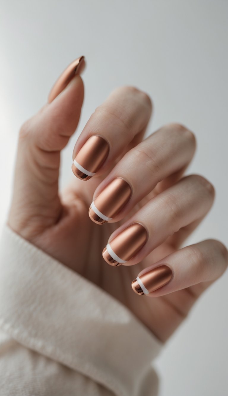 Close-up of one hand with neatly manicured nails featuring a matte copper finish and glossy tips against a white background.