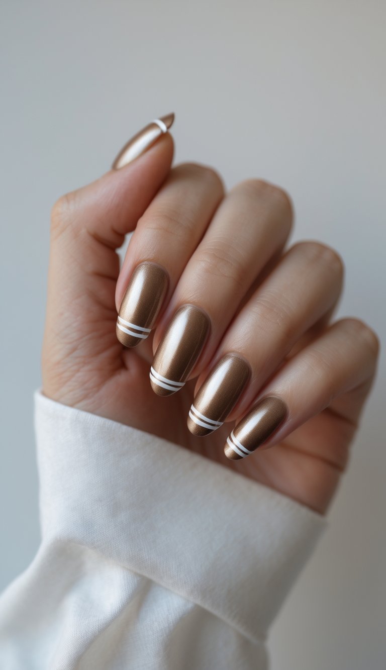 Close-up of one hand with bronze nails featuring thin white stripes against a white background.