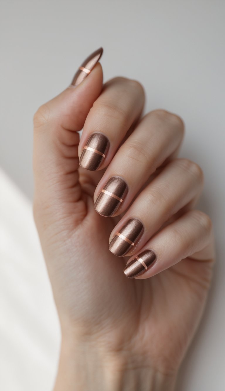 Close-up of one hand with bronze nails decorated with rose gold stripes on a white background.