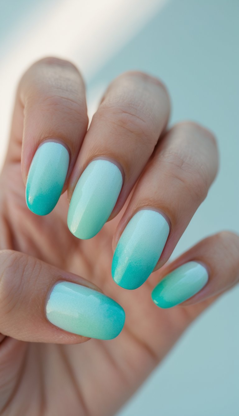 Close-up of one hand showing nails painted in gradient turquoise and seafoam green with detailed nail art on a white background.