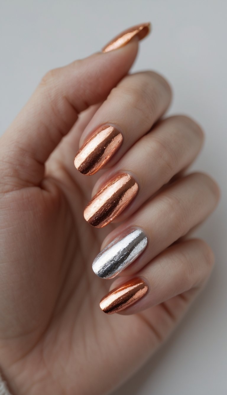 Close-up of one hand with copper ombre nails and silver foil accents against a white background.