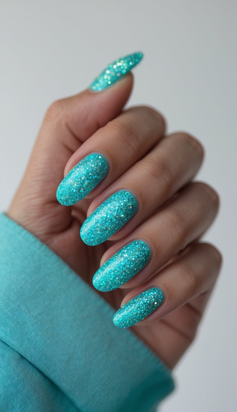 Close-up of one hand with turquoise nails decorated with shimmering aqua glitter on a white background.