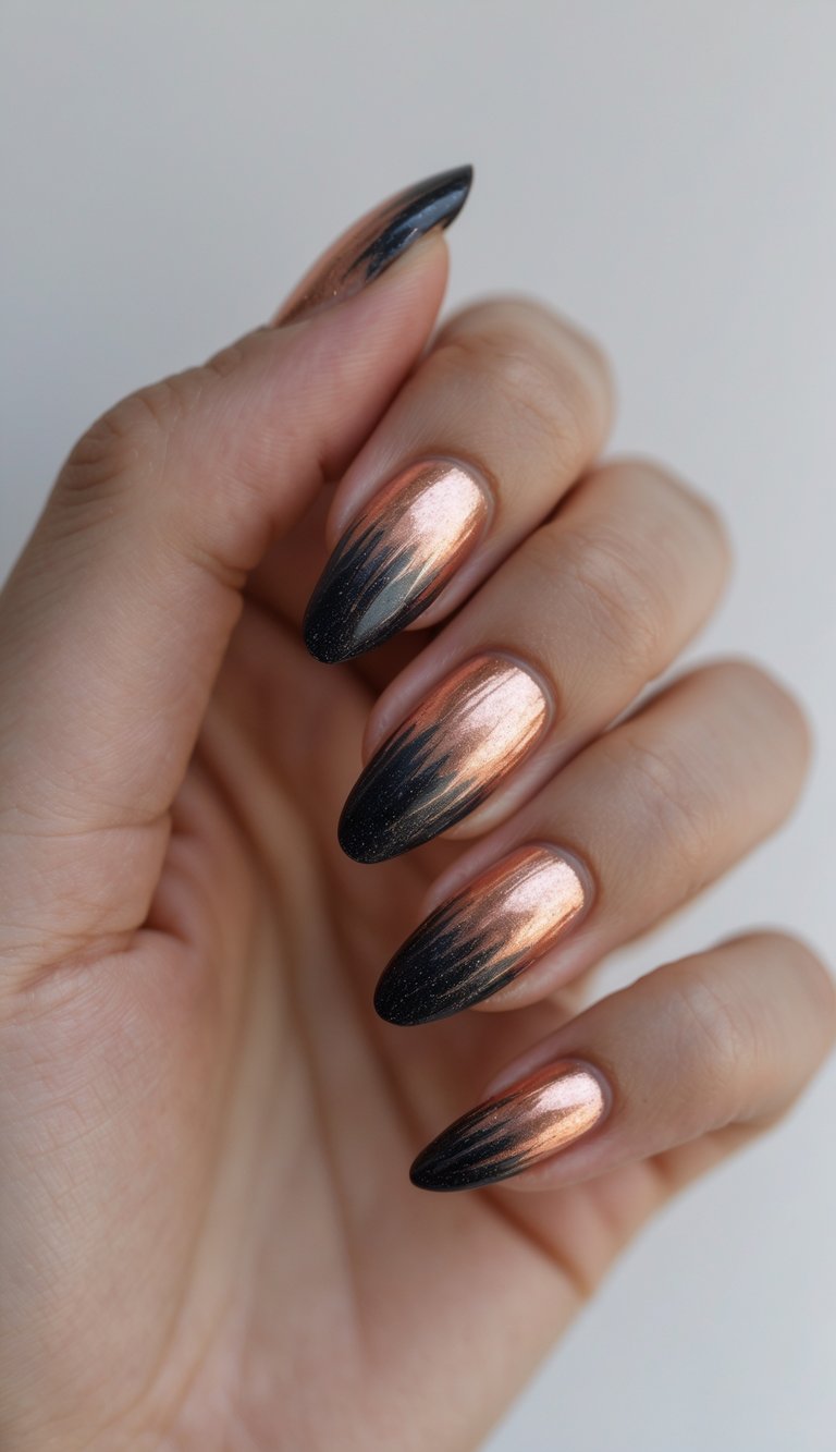 Close-up of a hand showing nails with copper and charcoal smoky tip nail art against a white background.