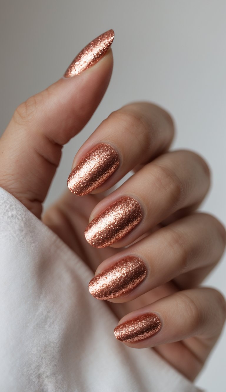 Close-up of one hand with copper glitter and matte finish nails against a white background.