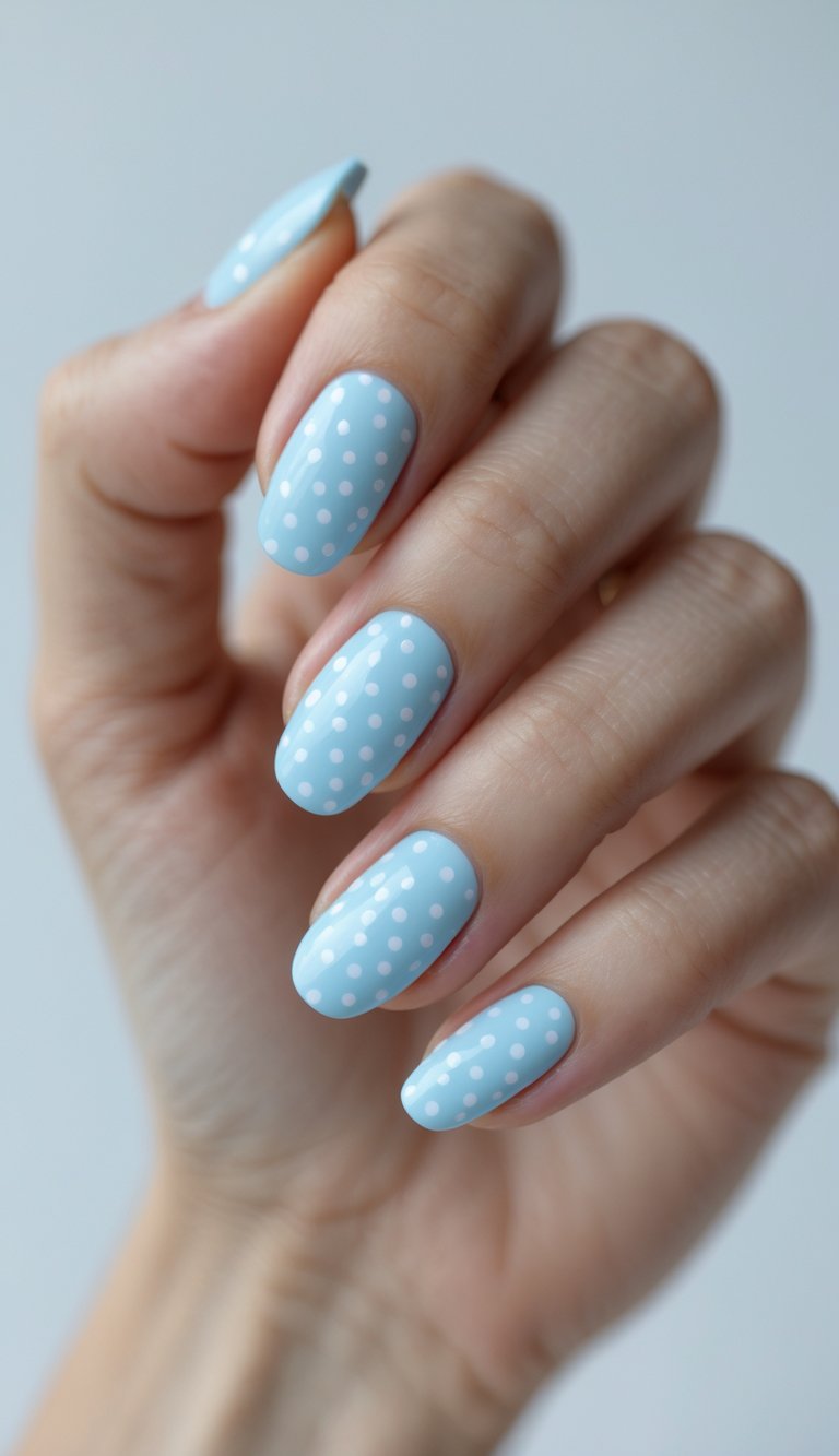 Close-up of one hand with baby blue nails decorated with tiny white polka dots on a white background.