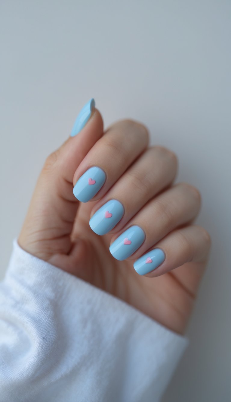 Close-up of one hand with sky blue nails decorated with small heart designs on a white background.