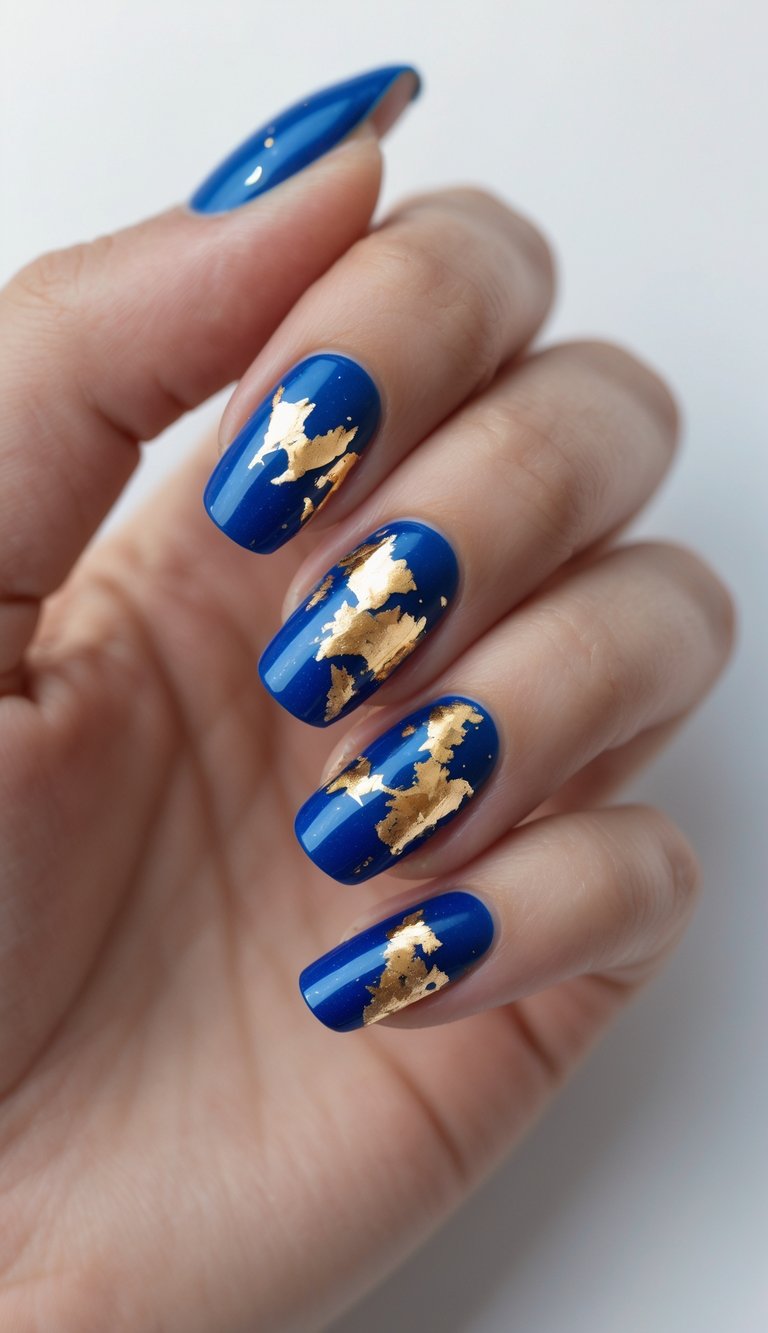 Close-up of a single hand with cobalt blue nails decorated with gold foil flakes against a white background.