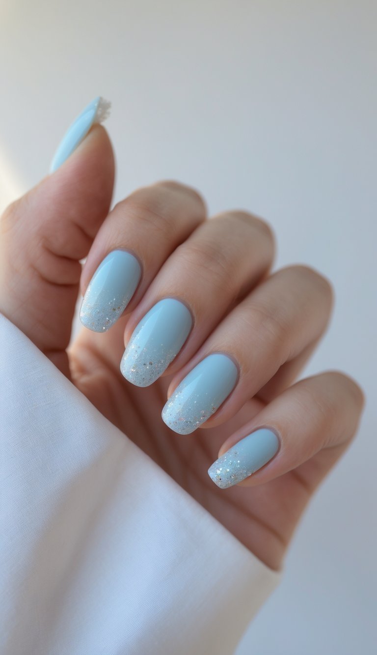 Close-up of one hand with powder blue nails featuring a subtle glitter fade on a white background.