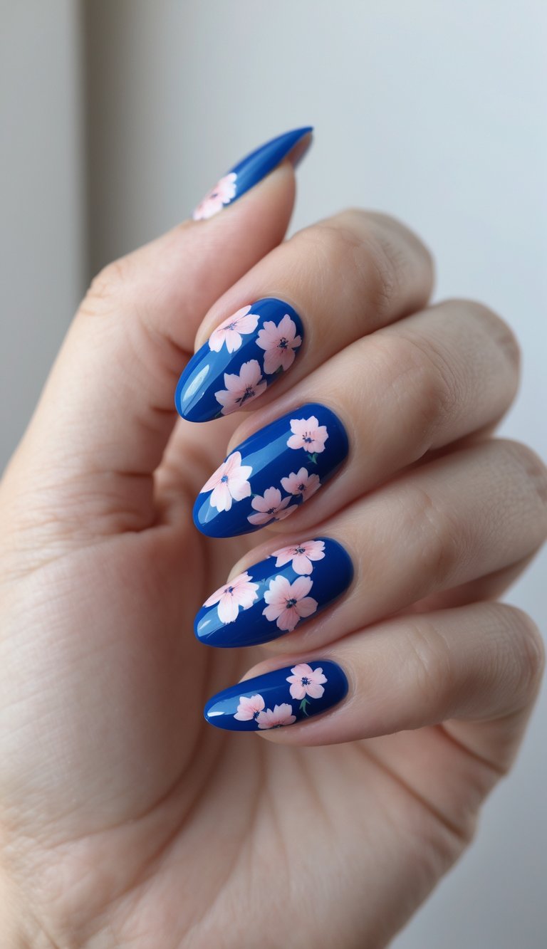 Close-up of a hand with cobalt blue nails decorated with small pink floral designs against a white background.