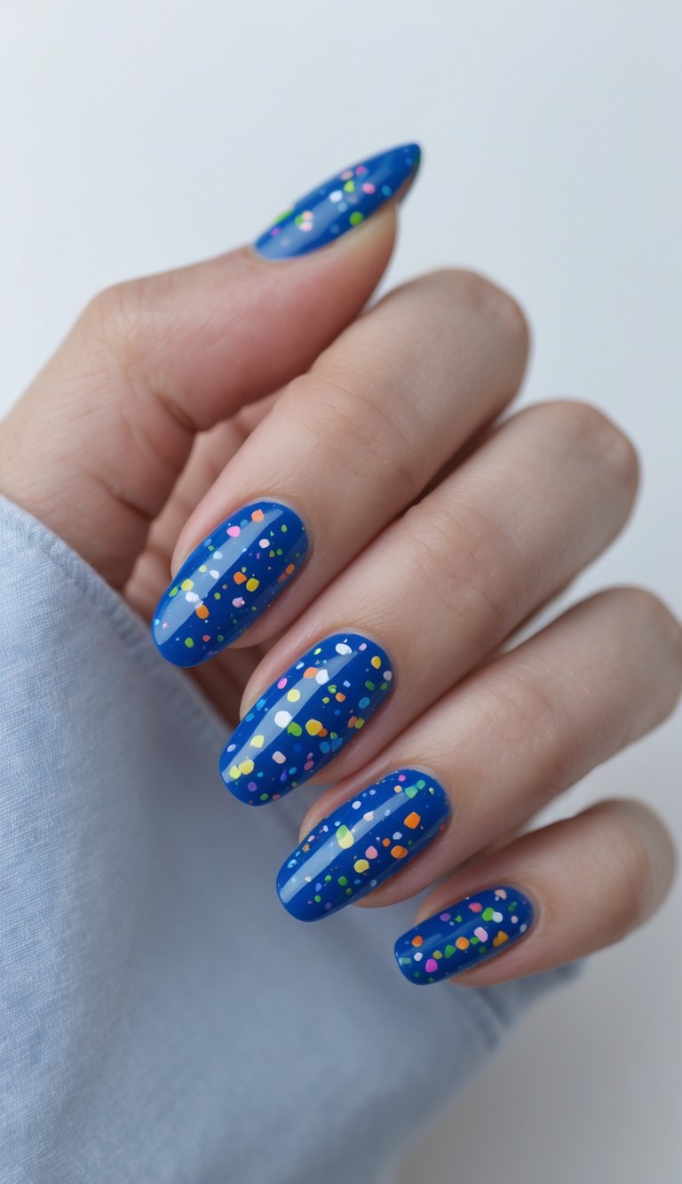 Close-up of one hand with cobalt blue nails decorated with multicolor confetti specks against a white background.