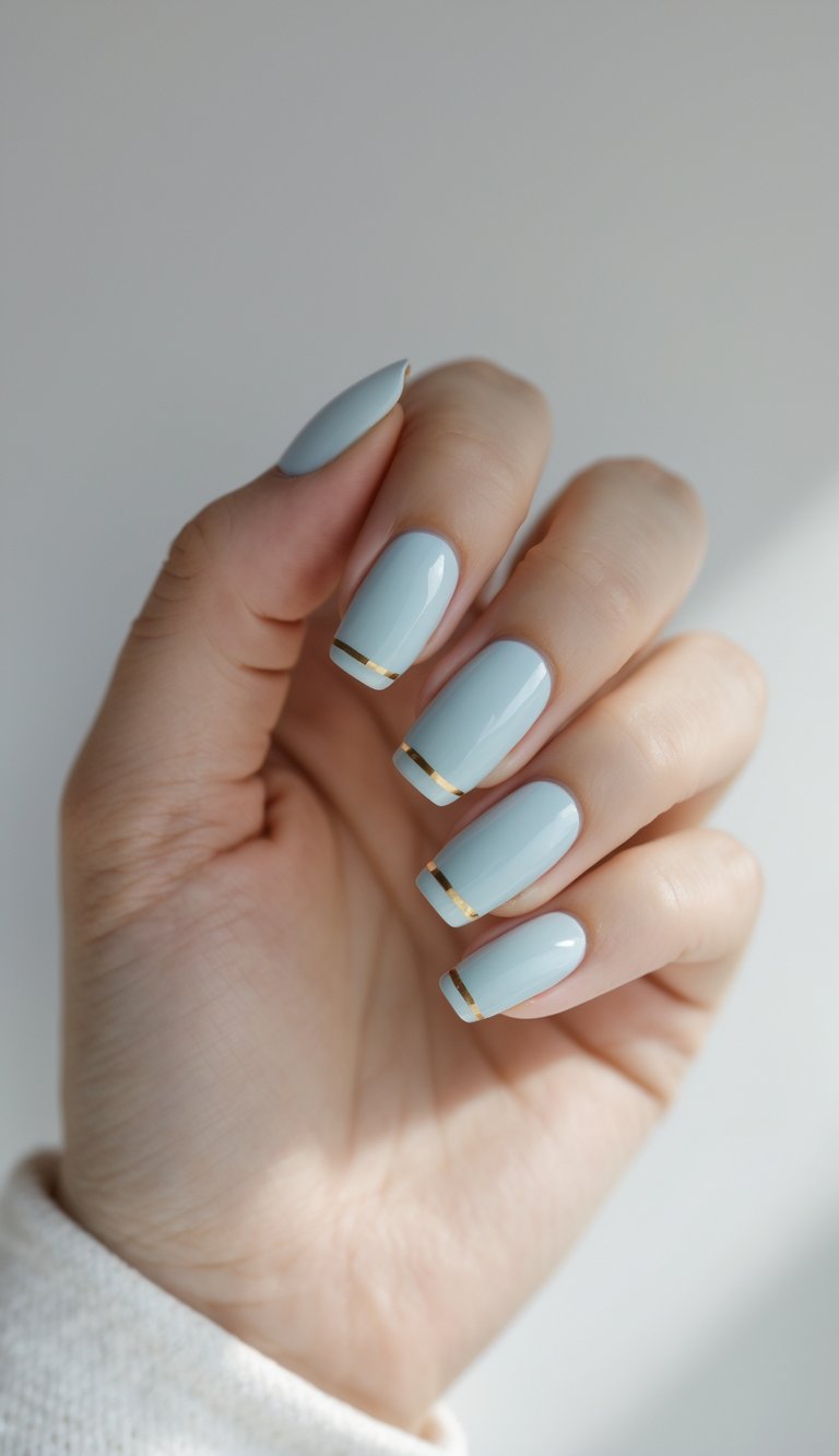 Close-up of one hand with powder blue nails decorated with thin gold stripes on a white background.