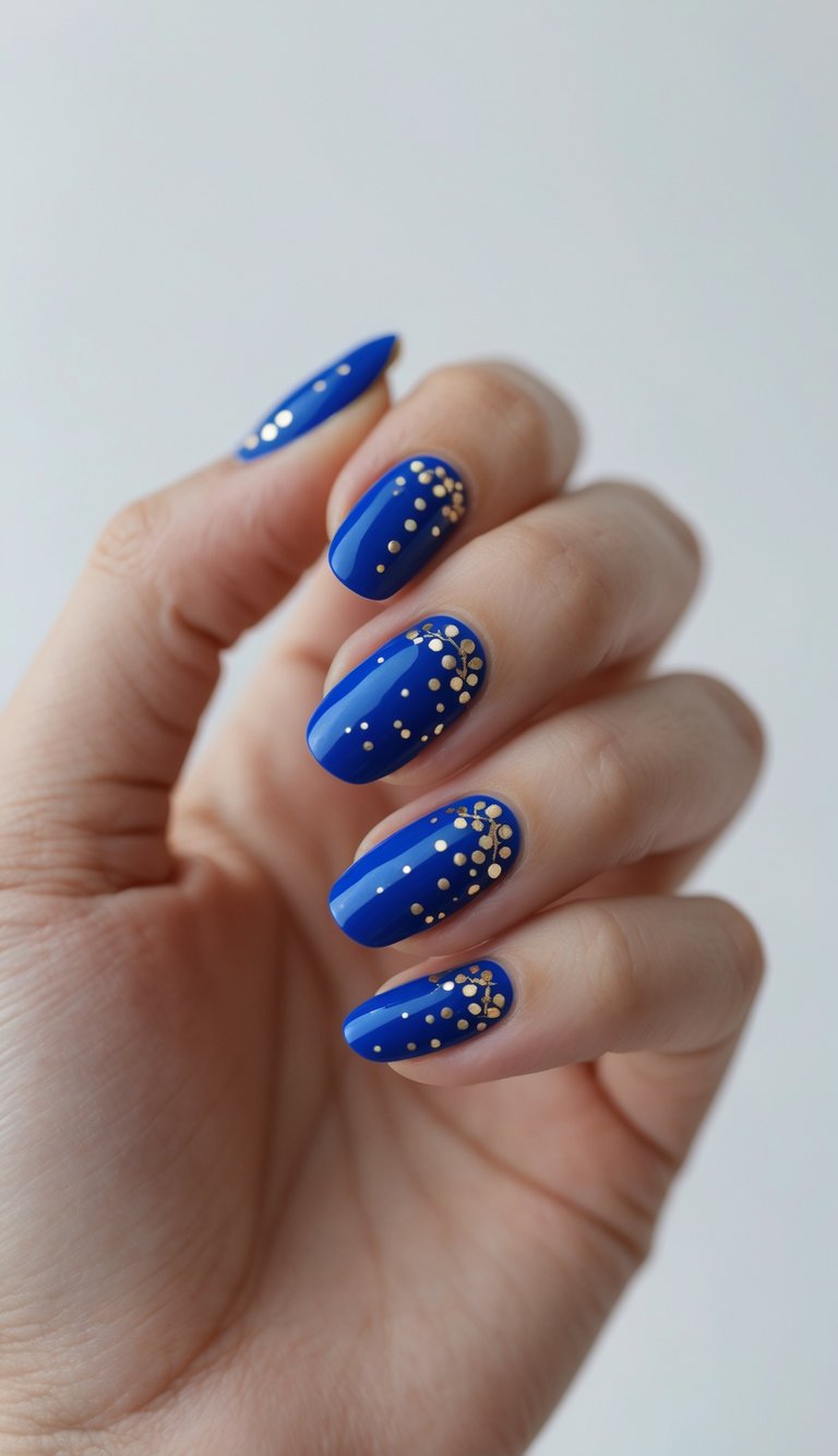 Close-up of one hand showing short cobalt blue nails with small gold dot patterns on a white background.