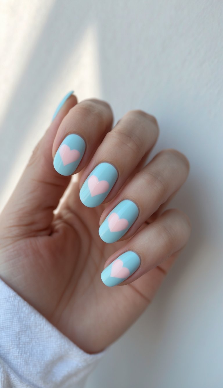 Close-up of one hand with powder blue nails decorated with soft pink heart designs against a white background.