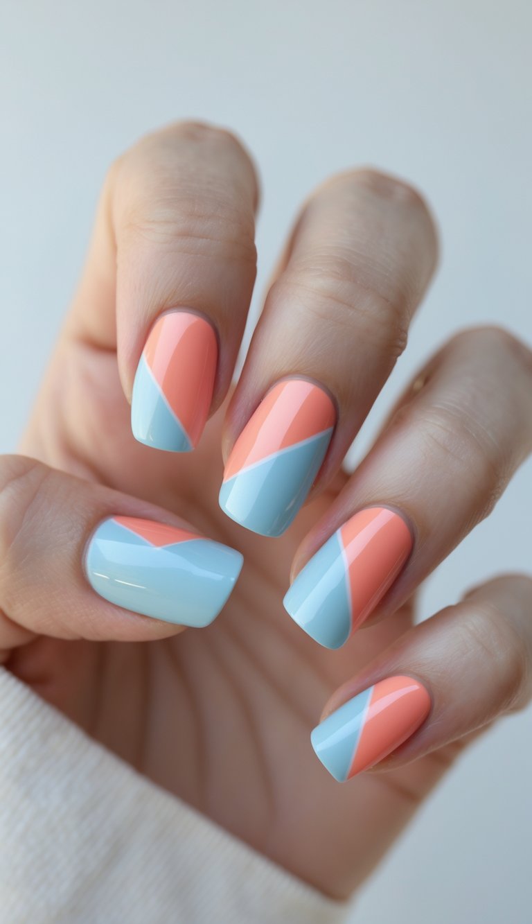 Close-up of one hand showing nails painted with powder blue and coral color block design against a white background.