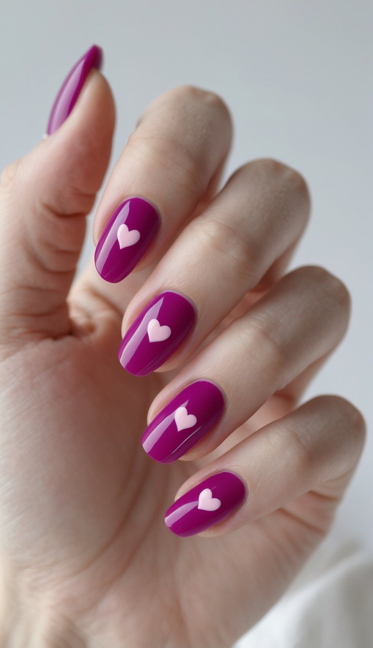 Close-up of one hand with magenta nails decorated with small heart designs against a white background.