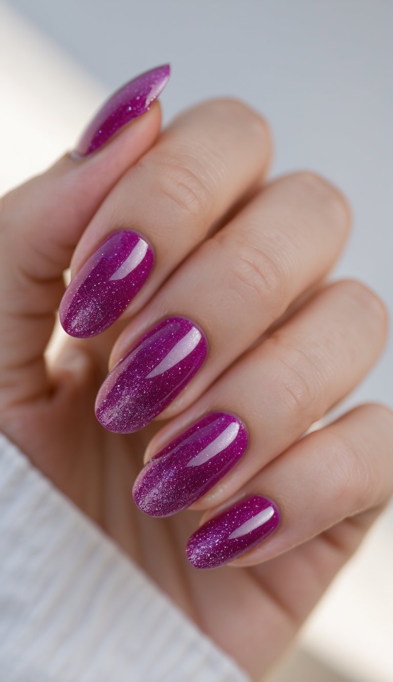 Close-up of one hand with magenta nails and sparkly top coat against a white background.