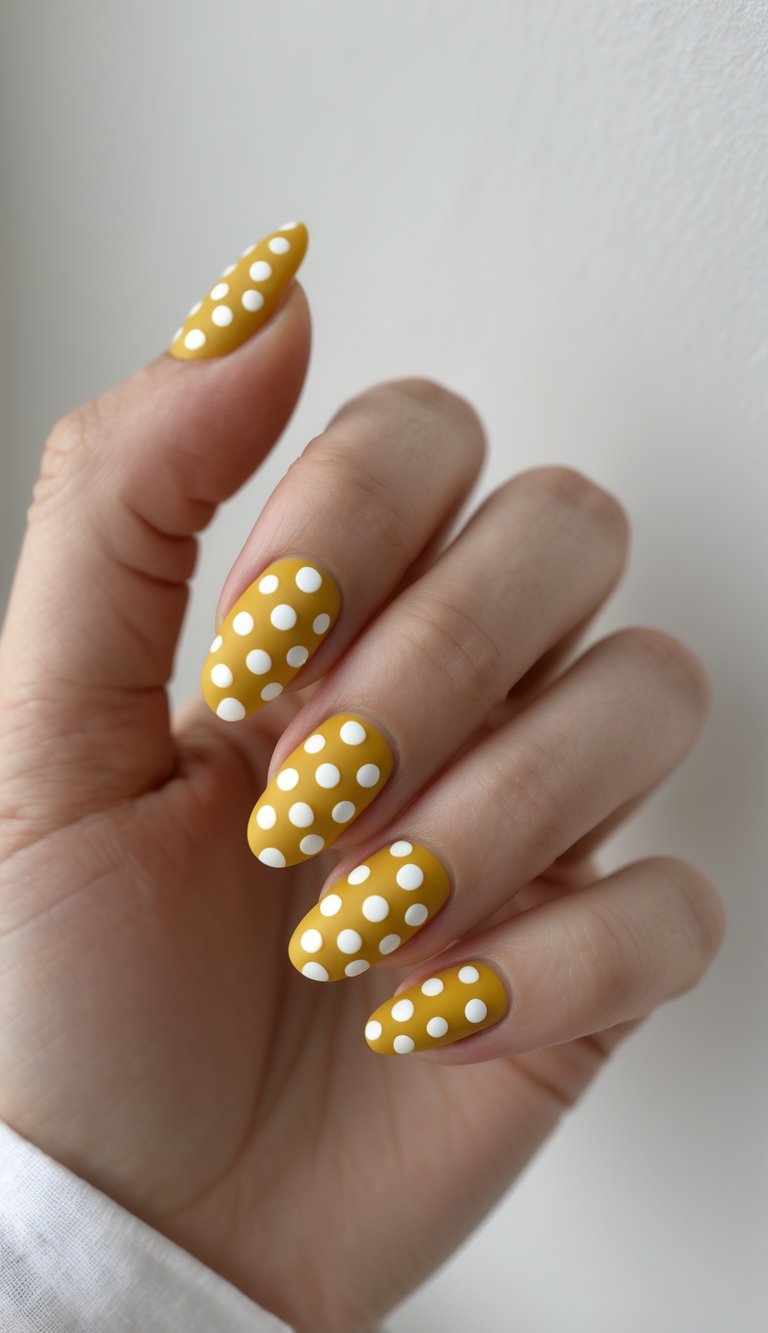 Close-up of a hand with matte golden yellow nails decorated with white polka dots on a white background.