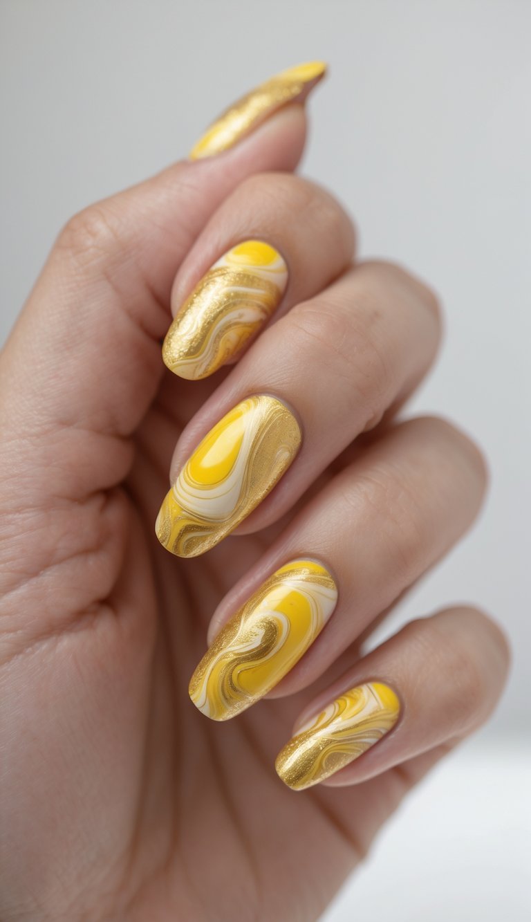 Close-up of one hand showing nails painted with golden yellow marble pattern on a white background.