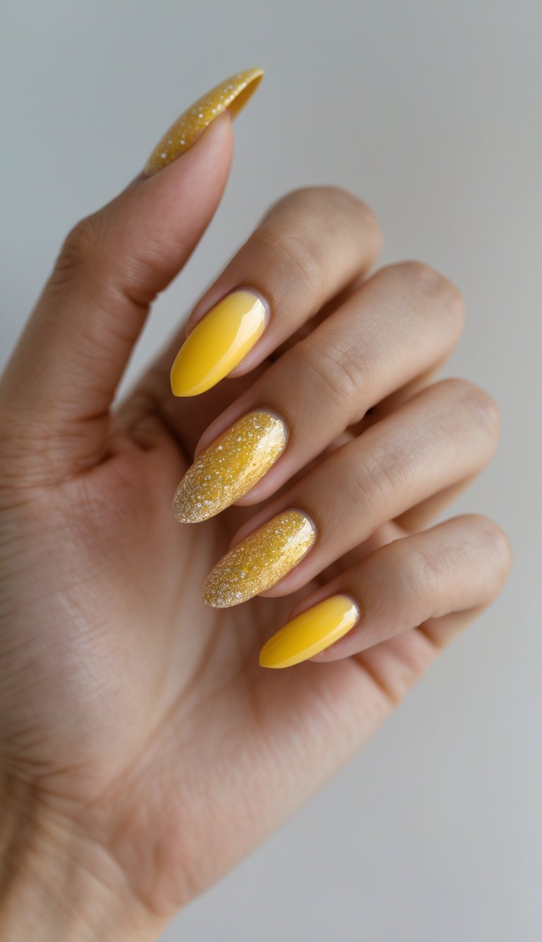 Close-up of a single hand with golden yellow nails featuring a gradient sparkle design against a white background.