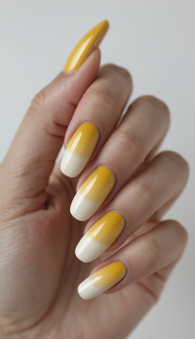 Close-up of one hand with golden yellow and cream ombre nails against a white background.