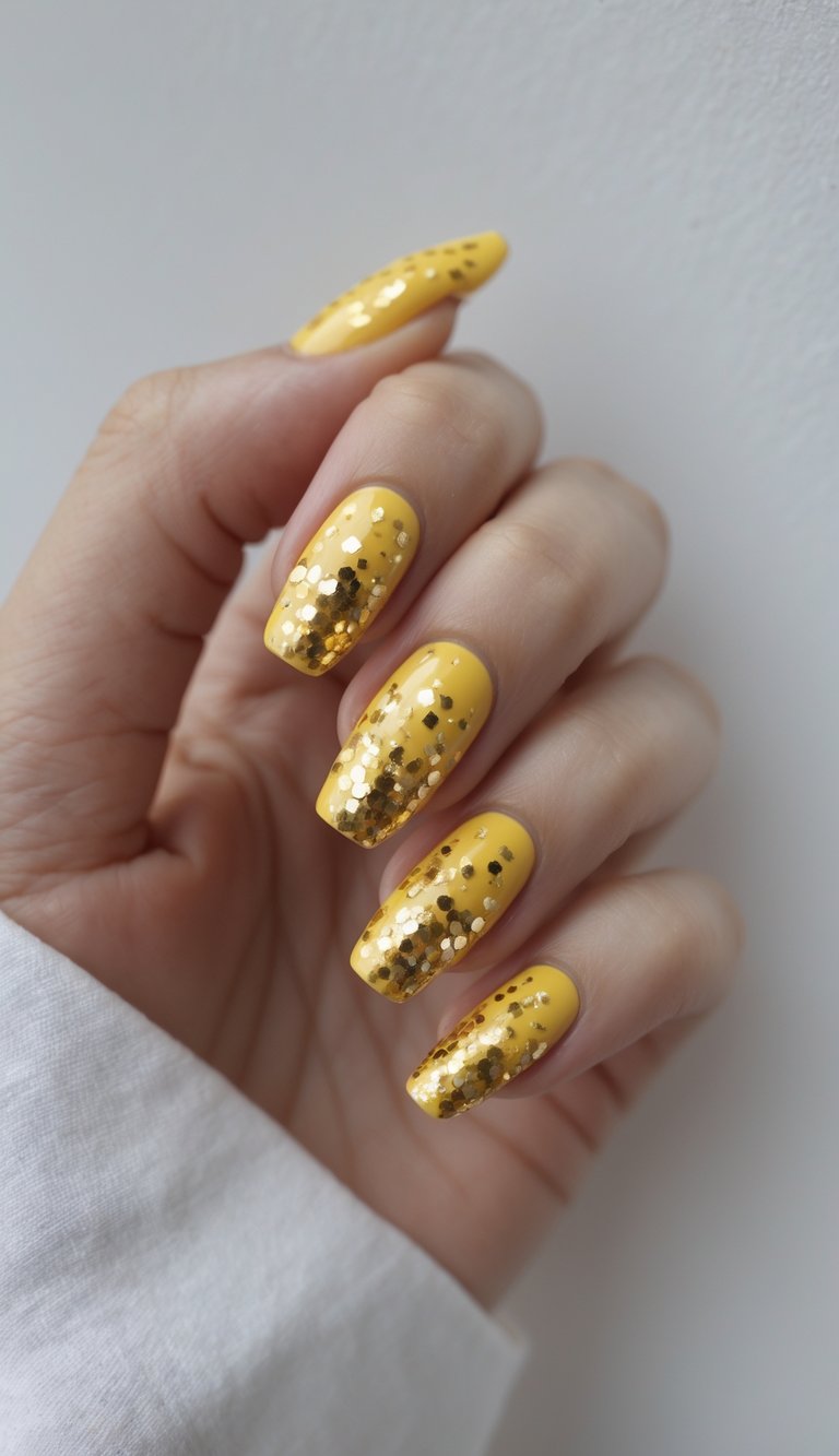 Close-up of one hand with golden yellow nails decorated with gold confetti, against a white background.