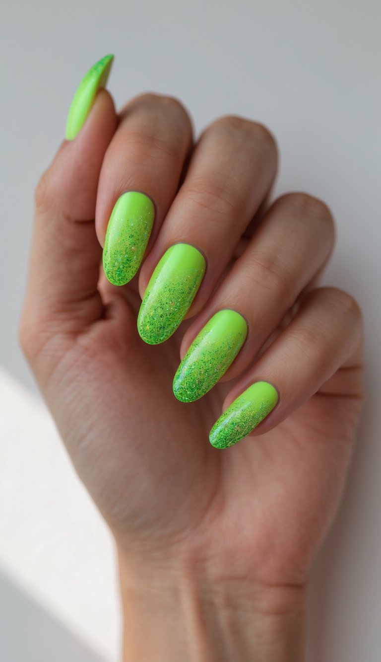 Close-up of one hand with neon green nails decorated with glitter accents against a white background.