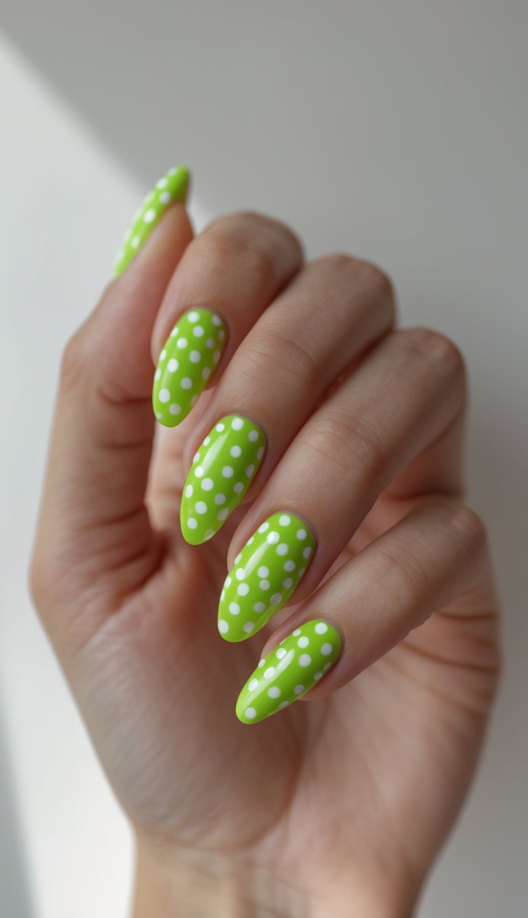 Close-up of one hand with neon green nails decorated with small white polka dots against a white background.