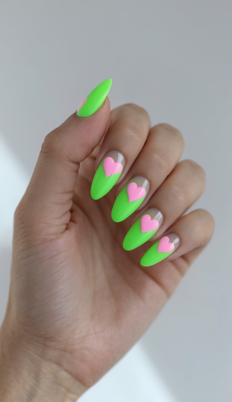 Close-up of one hand with neon green nails featuring pink heart outlines on a white background.