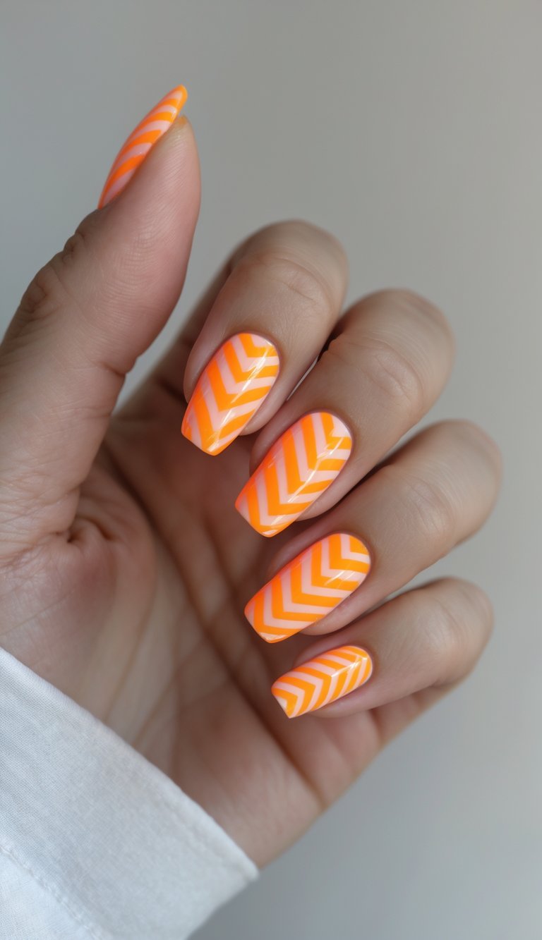 Close-up of one hand with neon orange chevron nail art on neatly manicured nails against a white background.
