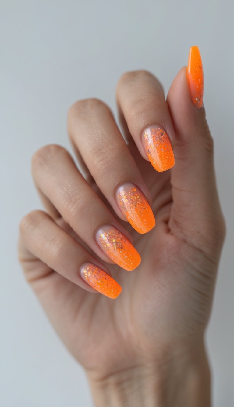 Close-up of one hand with neon orange sparkly jelly nails against a white background.