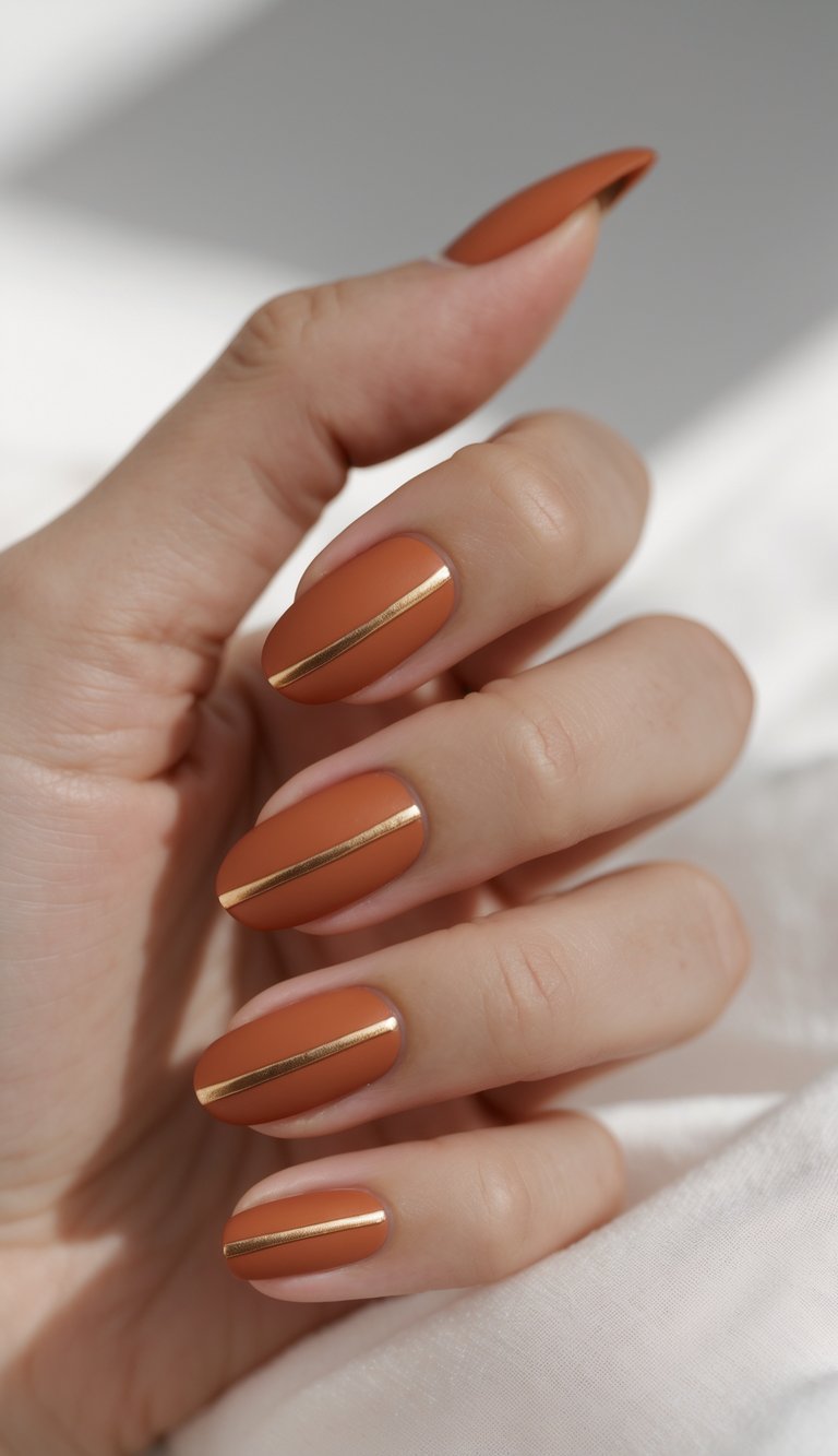 Close-up of one hand with terracotta-colored nails featuring thin gold stripes on a white background.