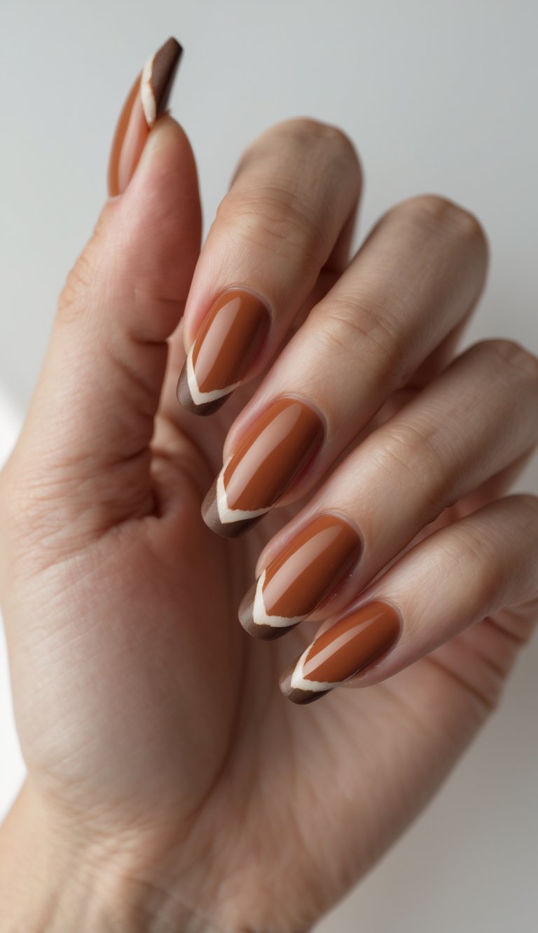 Close-up of one hand showing manicured nails with terracotta color and brown French tips against a white background.