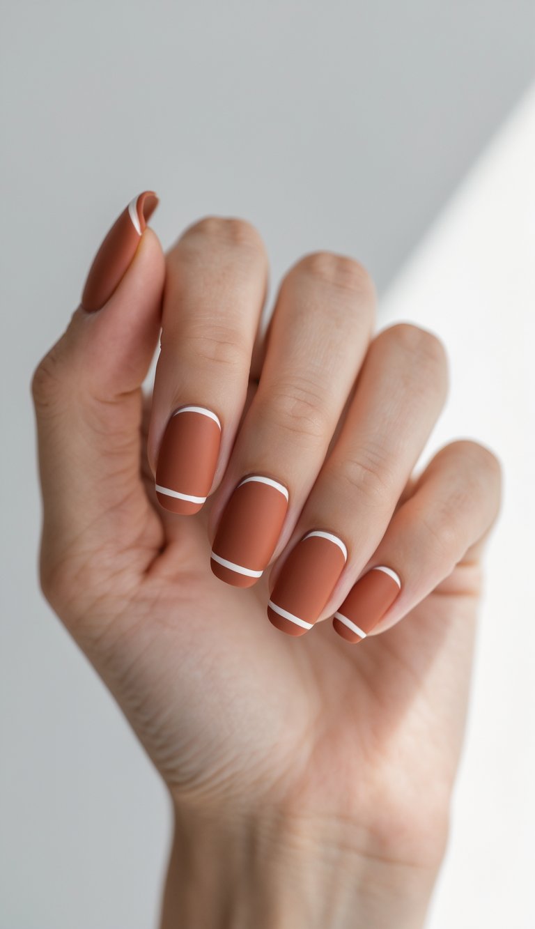 Close-up of one hand showing terracotta-colored nails with thin white borders on a white background.