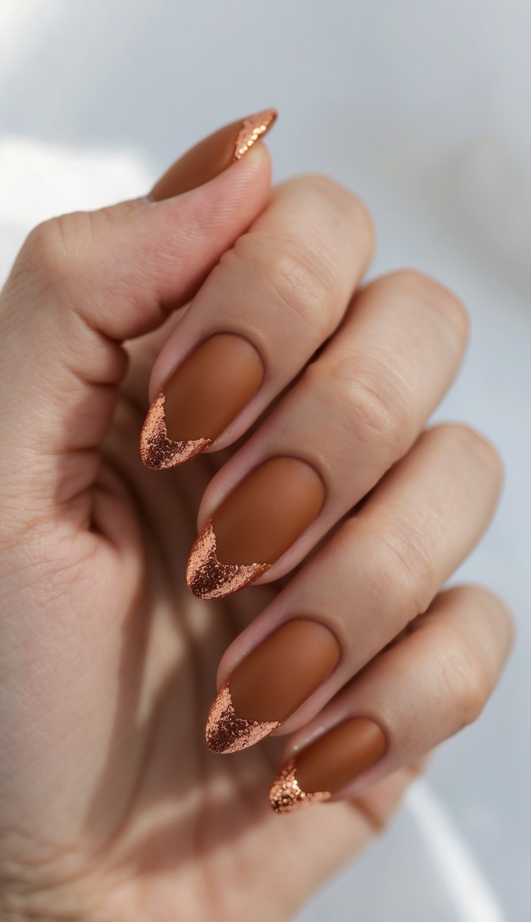 Close-up of one hand with matte terra cotta nails and copper glitter tips against a white background.