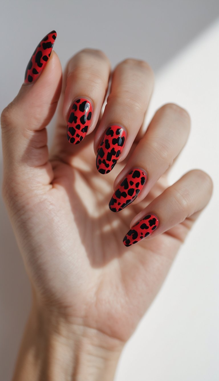 Close-up of one hand with red and black leopard print nail art against a white background.