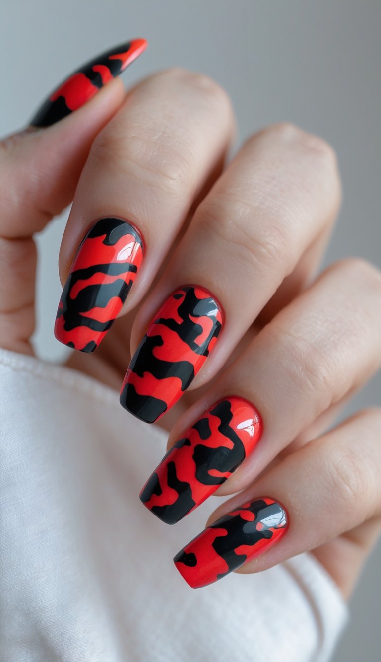 Close-up of one hand with red and black camouflage pattern nail art on all nails against a white background.