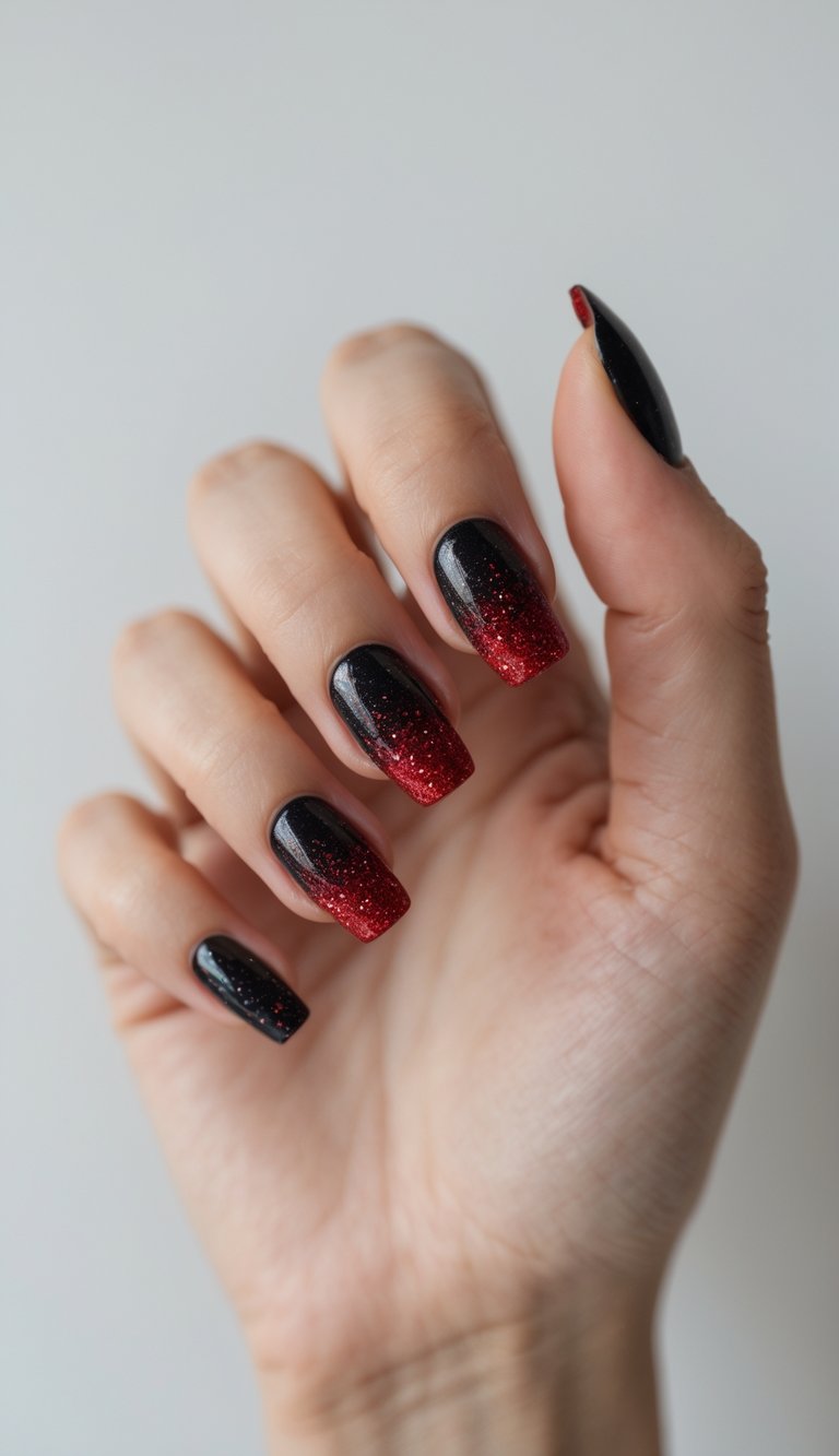 Close-up of a single hand with black nails that have a red glitter ombre effect on a white background.