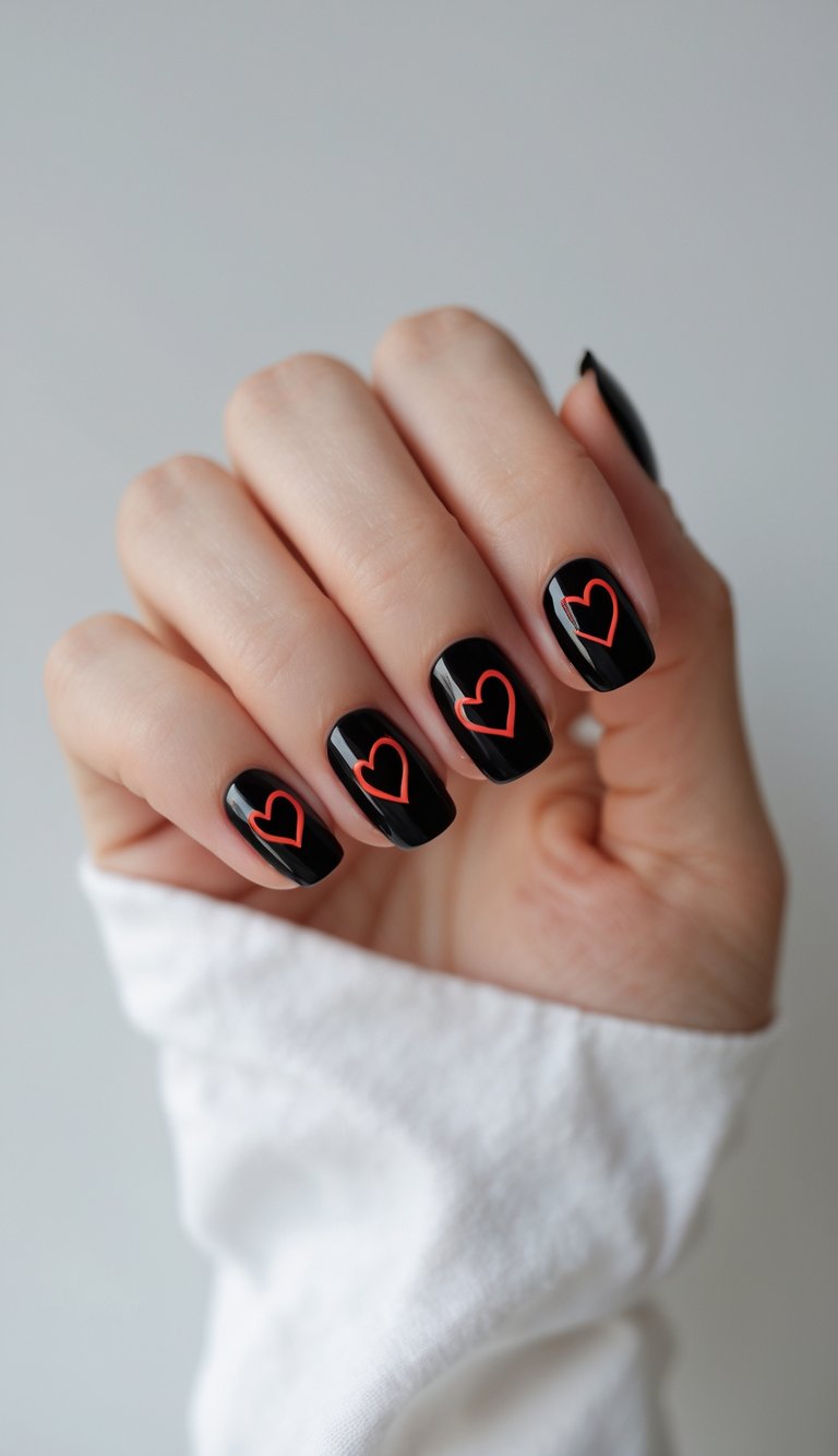 A close-up view of a single hand with black nails featuring red heart outlines on each nail against a white background.