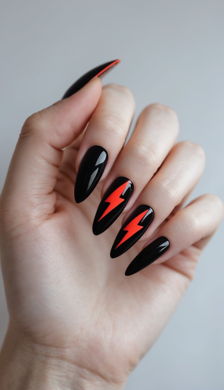 Close-up of one hand with black nails featuring red lightning bolt designs on a white background.